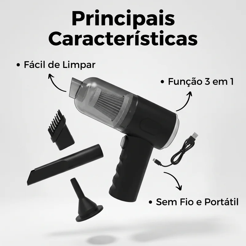 Mini Aspirador de Pó Soprador Portátil Sem Fio Sucção 3 em 1 USB Recarregável Bivolt 120w