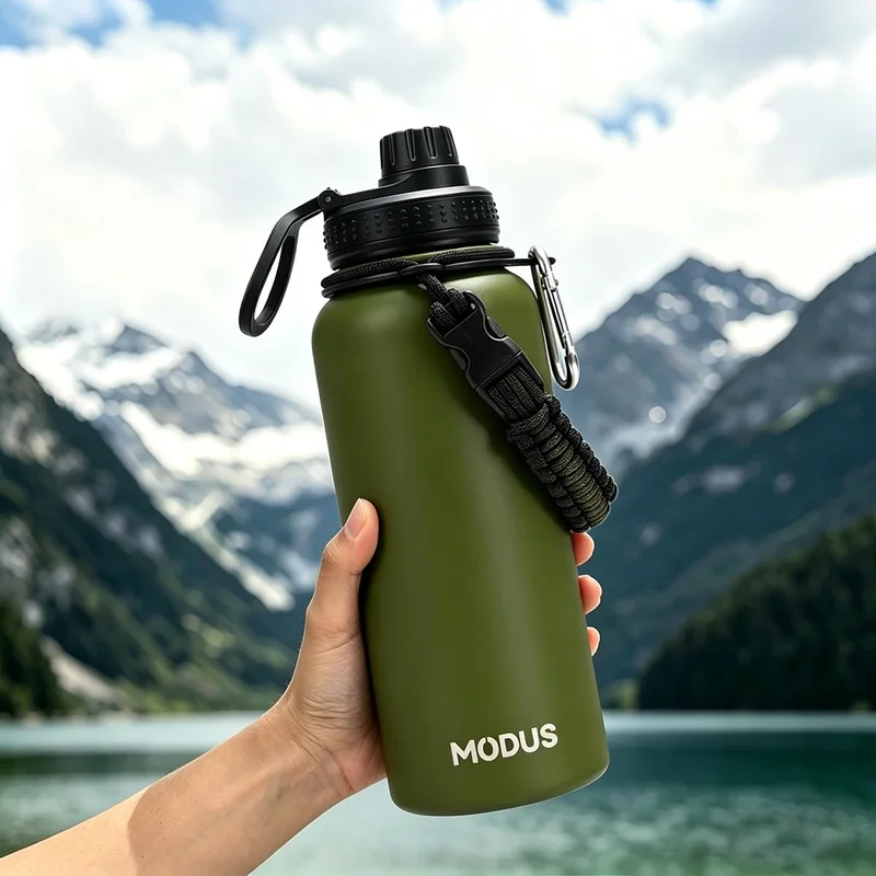 MODUS Garrafa Térmica 950ml – 24h Gelada, Alça Paracord, Tampa Antivazamento, sem BPA (Verde)