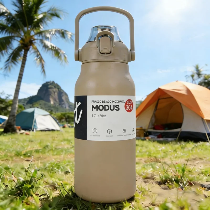 Garrafa Térmica de Aço Inoxidável 1700ml com Abertura por Pressão, Alça de Transporte e Base Antiderrapante de Silicone – Mantém a Água Gelada por até 24 Horas (Marrom)
