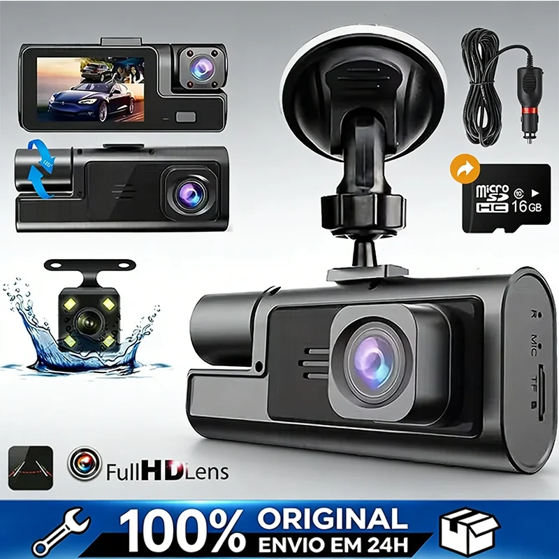 Câmera Veicular 1296P HD 3 Câmera 24H Monitor de Estacionamento dvr 170° Câmera FOV,Com 16G TF