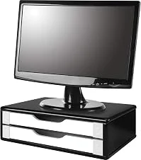 Souza & Cia Suporte para Monitor com 2 Gavetas, MDF Black Piano com Gaveta Branca, Elevador de Monitor e Organizador de Mesa, Modelo 3348