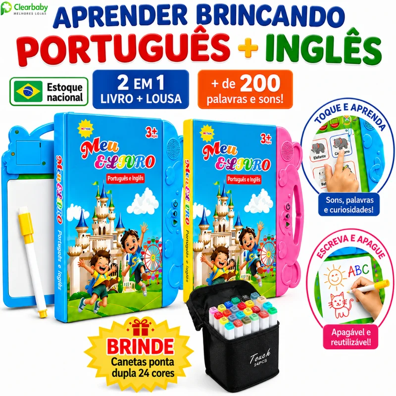 Livro Sonoro Interativo para Crianças Português e Inglês Livro Ilustrado Bilíngue Brinquedo Educativo Sensível ao Toque