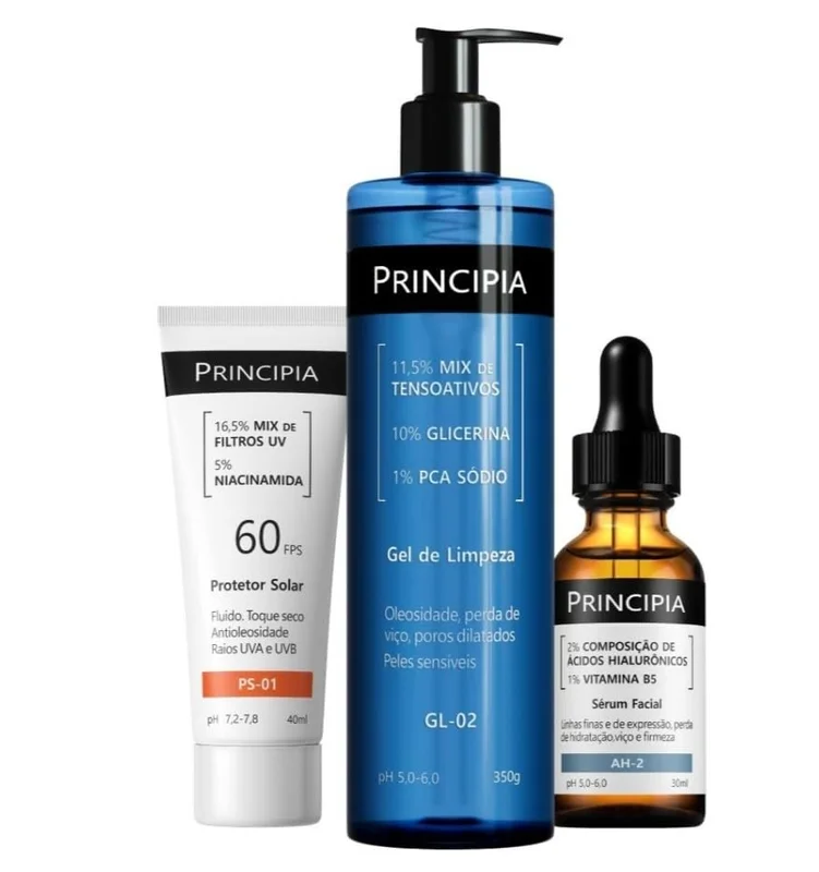 PRINCIPIA, Kit Primeira Rotina de Skincare, com três fórmulas um gel de limpeza com mix de tensoativos + PCA sódio + glicerina, um sérum de composição de ácidos hialurônicos + vitamina B5 + niacinamida, FPS 60, toque seco e com eficácia contra raios UVA e