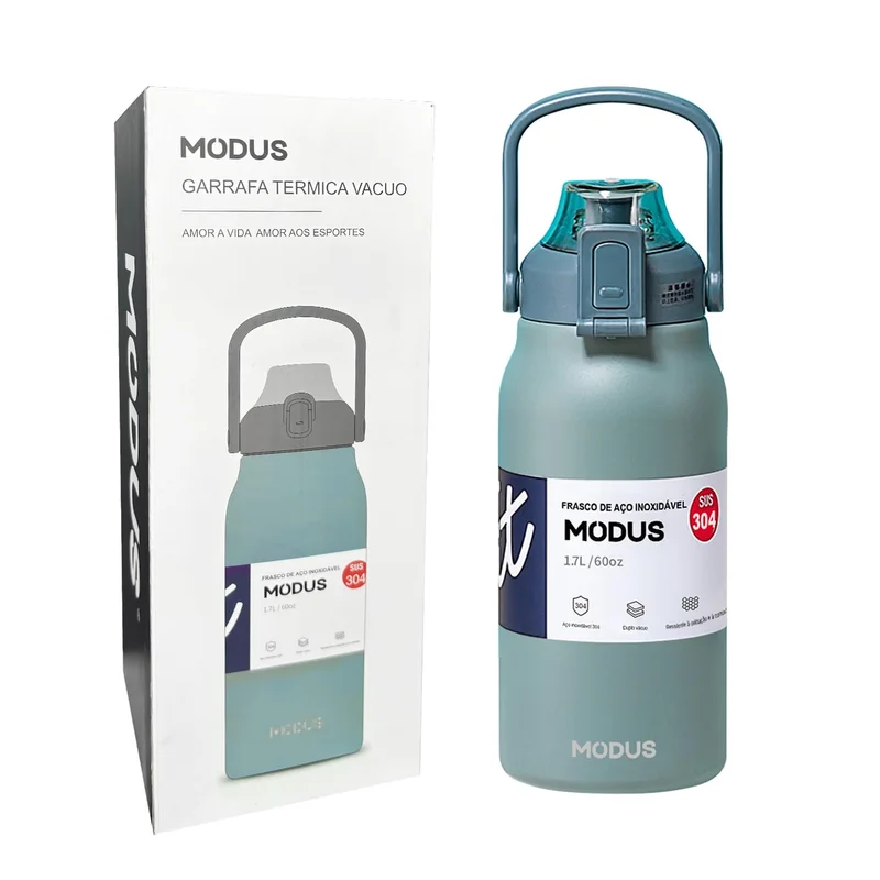 Garrafa Térmica Isolada a Vácuo De Aço Inoxidável 304 1700ML Grande Capacidade Com Canudo (Verde)