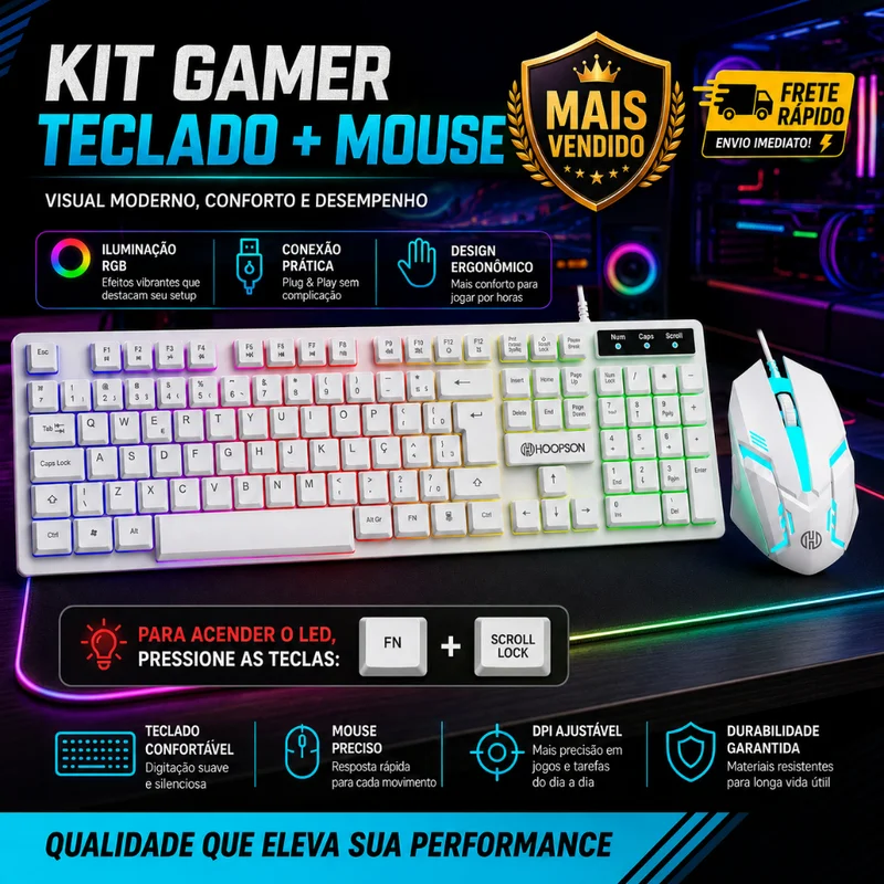 Kit Teclado e Mouse branco Gamer RGB LED USB ABNT2 Profissional com Luz para PC Notebook Promoção