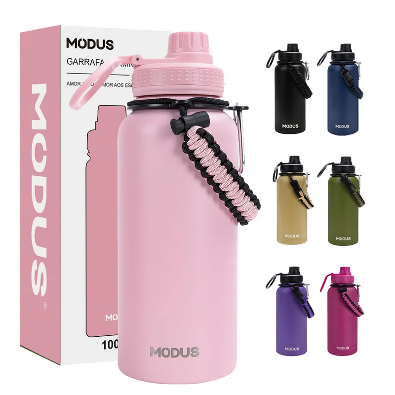 950mL Garrafa Térmica Aço Inoxidável Com Alça Paracord (Rosa)