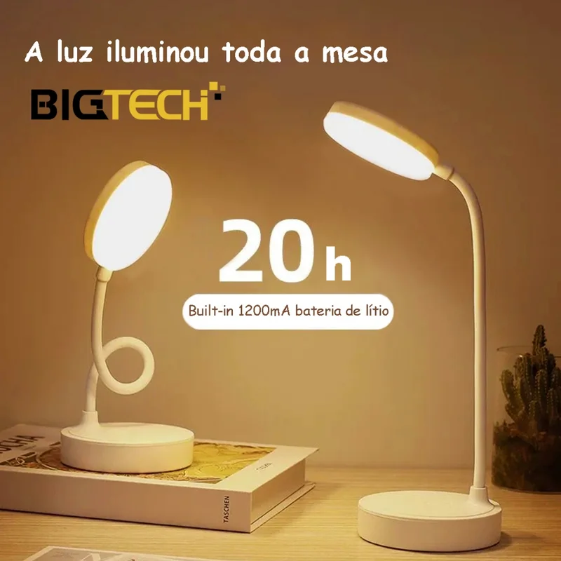 Luminária Abajur de Mesa LED Luz Recarregável Touch Haste Flexível Lâmpada De Estudo Sem Fio BigTech