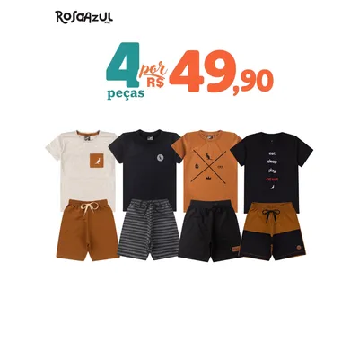 Kit 4 Peças Conjunto Infantil Bebê Menino Verão Algodão Promoção 2 Camisas 2 Shorts Envio Sortido