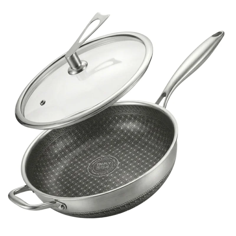 Frigideira Wok Antiaderente Em Aço Inox Corpo Triplo 30cm 5L Com Tampa De Vidro Temperado Livre De PFOA Apto Para Lava-Louças