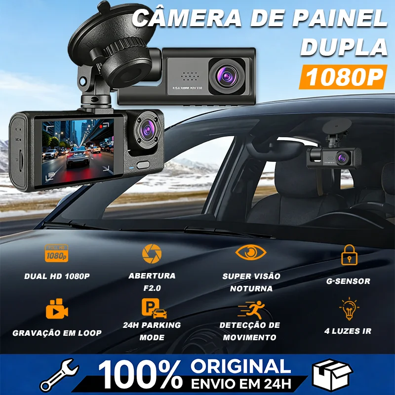 Câmera Veicular Full HD 1080P HD Dash Cam 3 Câmera (Frontal + Interna + Traseira) 24H Monitor de Estacionamento dvr 360°