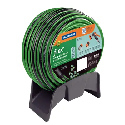 Mangueira Flex para Jardim Tramontina Verde com Faixa Preta em PVC 4 Camadas 20 m com Engate Rápido, Engate Rosqueado, Hidropistola e Suporte