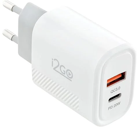 Carregador de Parede Ultra Rápido com 1 Saída USB-C Power Delivery 20W + 1 Saída USB-A 18W I2GO - i2GO PRO, Branco