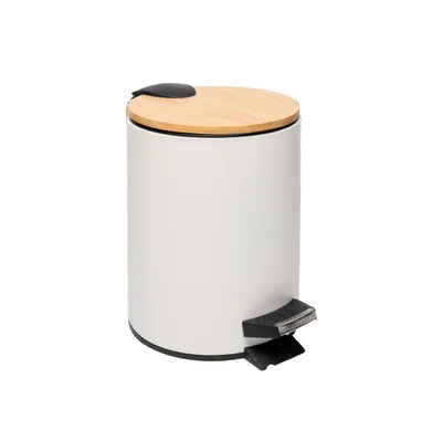 LYOR - Lixeira Redonda De Metal Com Pedal e Tampa Em Bambu Branca 3L