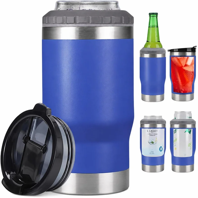 Porta Lata Térmico 4 em 1 em Aço Inox Isolado a Vácuo para Lata Slim Lata 355 ml Long Neck 355 ml e Copo Térmico com Tampa - Azul