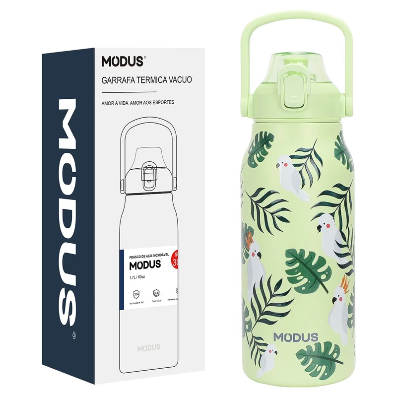 Garrafa Térmica de Aço Inox Dupla Parede 1,7 Litro Isolamento a Vácuo – Design com Estampa 3D em Relevo (Verde Folhas)
