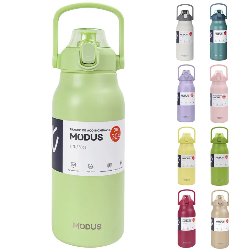 Garrafa Térmica De Viagem Inox 1700ml Água Com Canudo (Verde Claro)