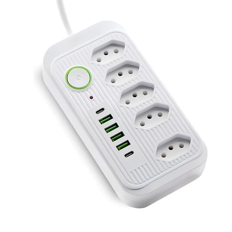 Extensão de Energia Filtro de Linha Régua de Energia com 5 Tomadas 4 USB-A e 2 USB Tipo-C Cabo 2 Metros Bivolt 110-220V Potência 2500W e Carregamento Inteligente Linha Premium (Branco)