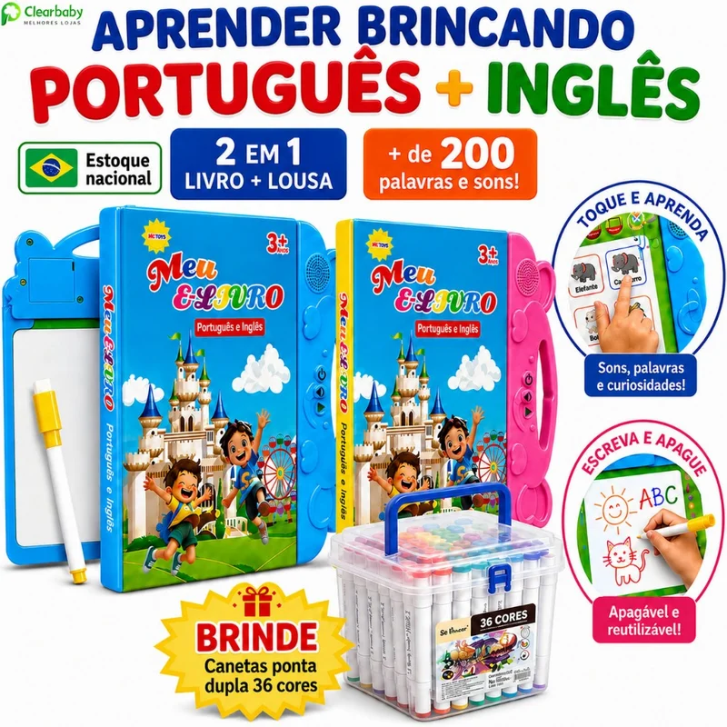 Livro Sonoro Interativo para Crianças Português e Inglês Livro Ilustrado Bilíngue Brinquedo Educativo Sensível ao Toque