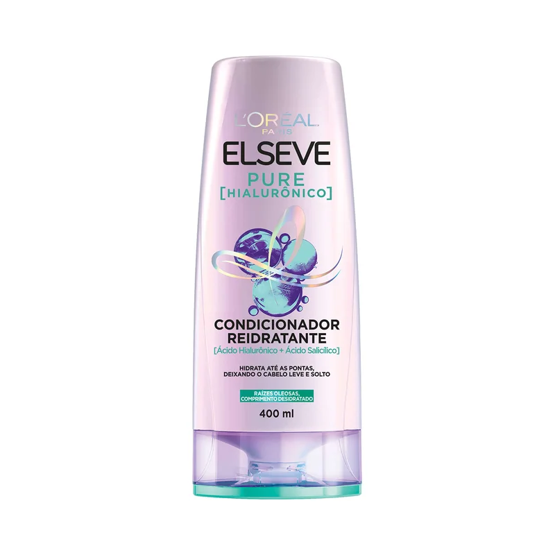 L'Oréal Paris Elseve Condicionador Pure Hialurônico Reidratante com Ácido Salicílico e Ácido Hialurônico para Cabelos com Raízes Oleosas e Pontas Secas, 400ml