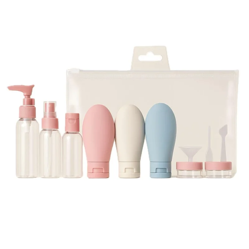 Kit De Viagem Com 8 Itens Frascos Potes Trasparente Spray Para Cremes Shampoo e Funil Premium