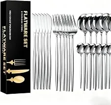 AUXOM Faqueiro 24 Peças em Aço Inox 430 - Jogo de Talheres Premium com Caixa Litografada, Polido e Espelhado de faca e garfo Conjunto para Mesa Posta e Utensílios de Casa/Restaurante (Prata)