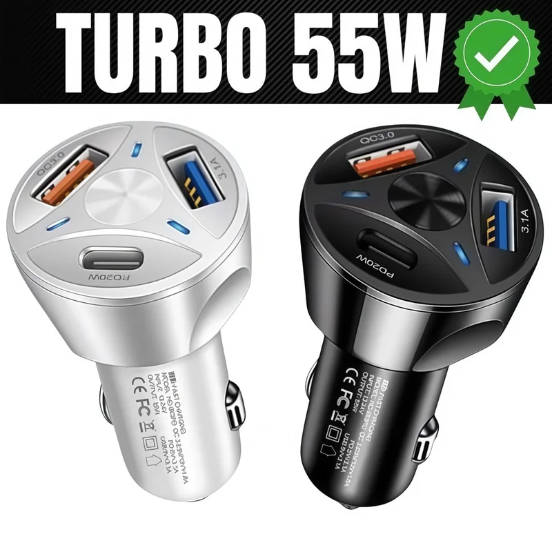 Carregador Veicular Universal Turbo com 3 USB e 1 Porta QC3.0, Carregamento Rápido para Celulares