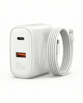 Carregador 50W + Cabo Compatível i.Phone, i.Phone X Xr 8 11 12 13 14 Plus Pro Max i.Pad, Carregamento Ultra Rapido, Fonte USB-C, Carga Rápida, Produto Homologado Anatel
