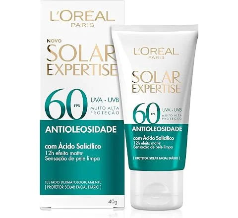 L'Oréal Paris Protetor Facial Solar Expertise Antioleosidade FPS 60, 40g | com Ácido Salicílico, possui Efeito Matte e Cont…