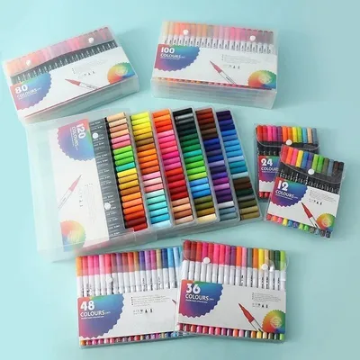Kit 24/36/48/60/80 Cores Caneta Brush Lettering Ponta Fina Dual Pen Colorir e Desenho