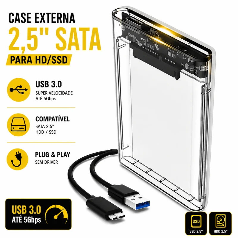 Case Slim para HD Externo 2.5” SATA USB 3.0 – Alta Velocidade e Portabilidade SSD Notebook PS4 XBOX