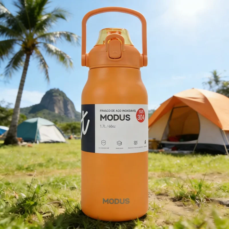 Garrafa Térmica de Aço Inoxidável 1700ml com Abertura por Pressão, Alça de Transporte e Base Antiderrapante de Silicone – Mantém a Água Gelada por até 24 Horas (Laranja)