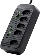 Extensão Tomada Inteligente Régua de Energia Filtro de Linha Bivolt 110V 220V 5 Tomadas 4 Interfaces USB 1 Porta USB-C Cabo de Alimentação 2 Metros (Preto)