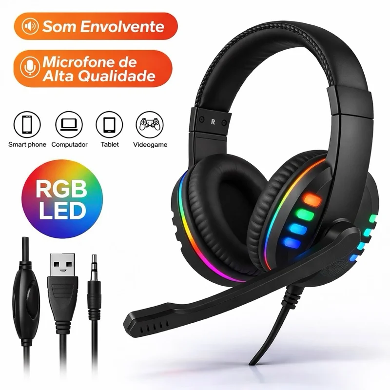 Headset Fone Gamer Led RGB Com Microfone USB e P2 Para PC Celular Computador Headphone Videogame