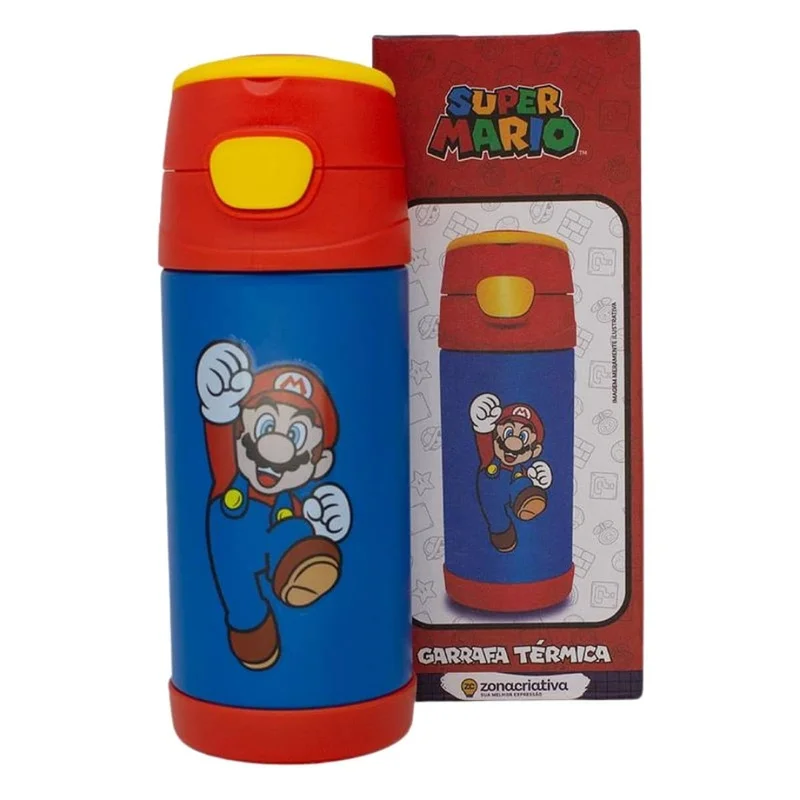 Zonacriativa – Garrafa Térmica Top Handle Super Mario 350ml | Aço Inoxidável, Tampa Hermética e Alça para Transporte – Mantém a Temperatura por até 6h com Estilo e Praticidade - Nintendo