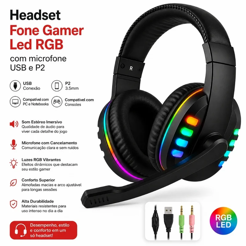 Headset Fone Gamer Led RGB com microfone USB e P2 Para PC Computador Headphone Videogame