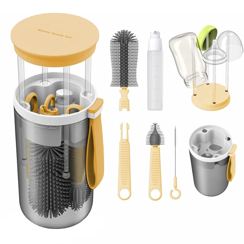 GODREAM Kit Escova de Mamadeira Portatil 6 em 1, Kit Limpador de Mamadeira, com Escova de Silicone para Lavar e Limpeza Mamadeiras, Ideal para Casa, Viagem e Camping (Amarelo)