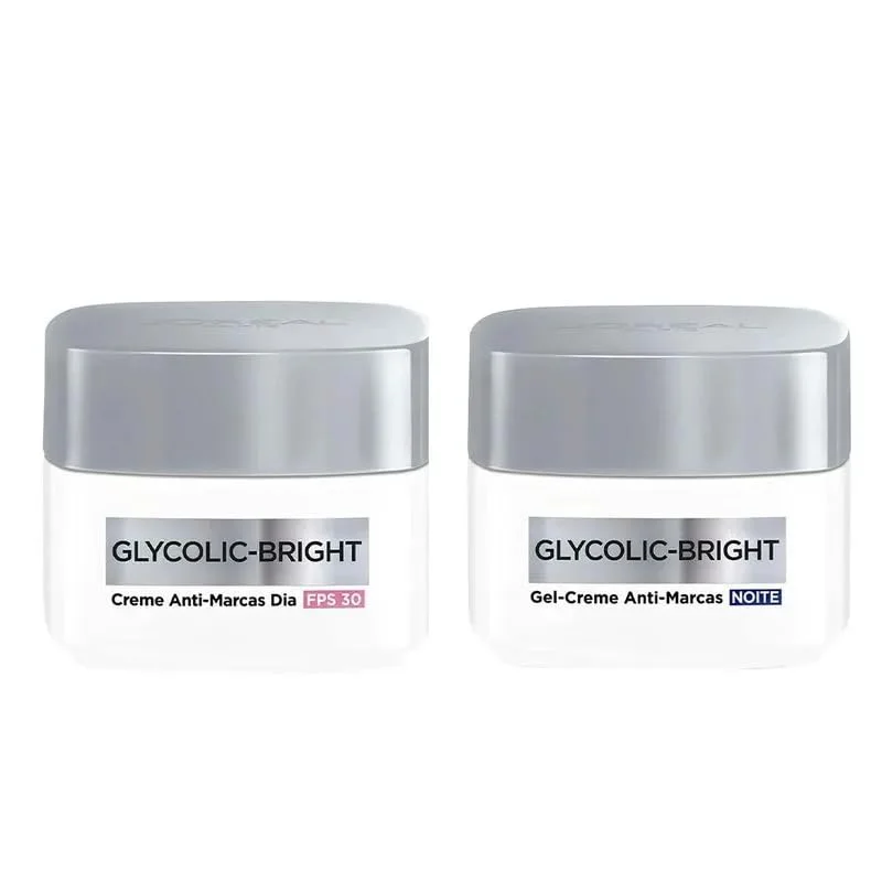 L'Oréal Paris Glycolic Bright Kit Anti-Marcas Dia e Noite com Ácido Glicólico e Niacinamida, Creme Dia FPS 30 e Gel-Creme Noite, Reduz Manchas e Uniformiza a Pele, 49ml