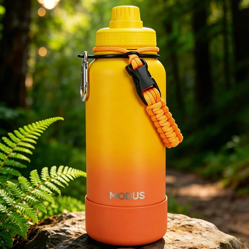 950ml Garrafa Térmica de Aço Inoxidável com Alça Paracord | Base Antiderrapante de Silicone – Mantém a Água Gelada por até 24 Horas Amarelo Laranja