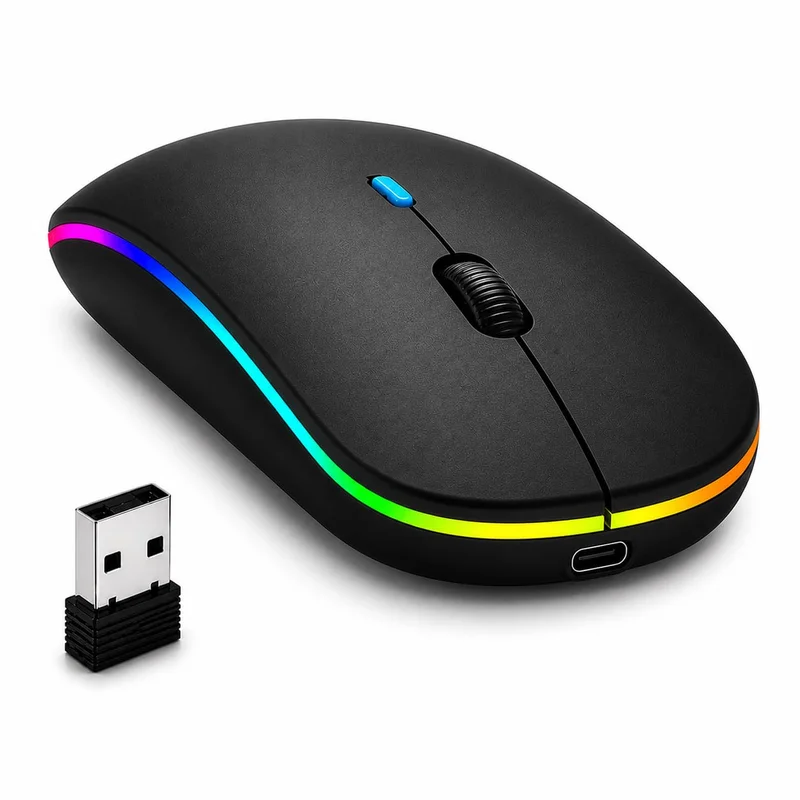Mouse Sem Fio Recarregável Bluetooth 2.4G + USB, Design Ergonômico Slim, Clique Silencioso, DPI Ajustável, LED RGB, para Notebook, PC, Mac, Desktop e Laptop, Cor Preto