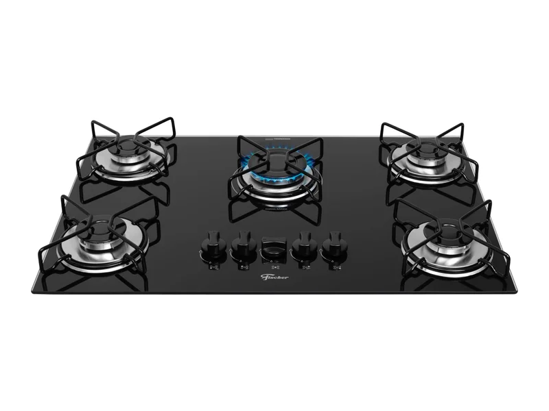 FISCHER COOKTOP À GÁS 5 BOCAS FIT LINE TREMPE ARAMADO MESA VIDRO PRETO BIVOLT 36360-102676