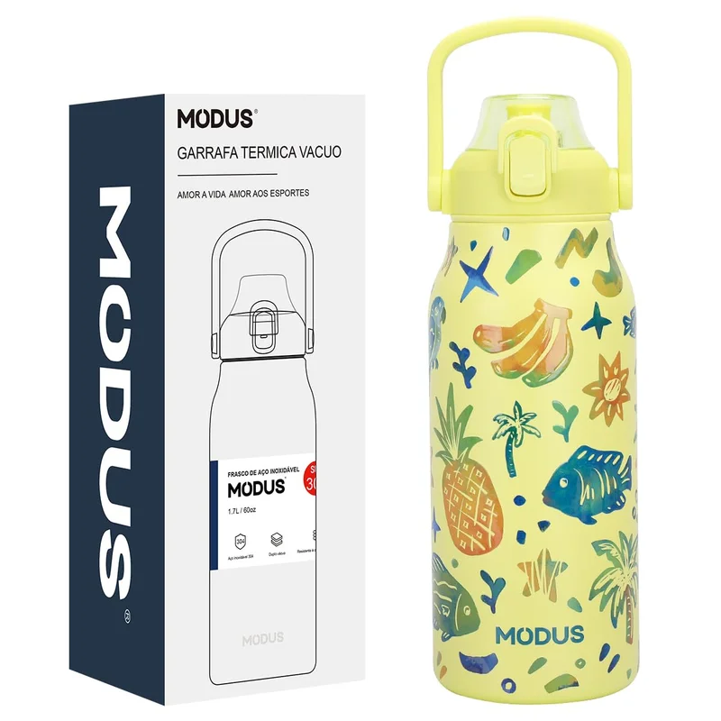 Garrafa Térmica de Aço Inox Dupla Parede 1,7 Litro Isolamento a Vácuo – Design com Estampa 3D em Relevo (Amarelo Frutas Tropicais)