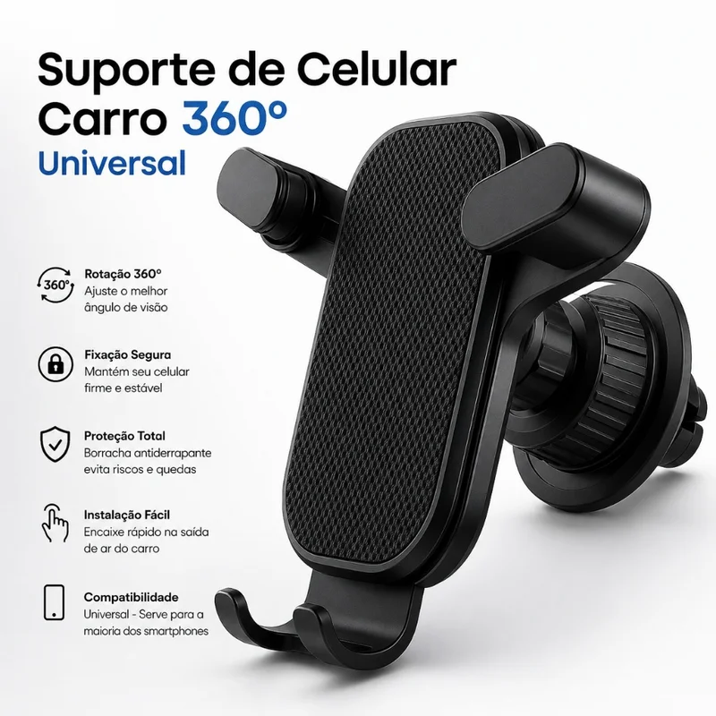 Suporte de Celular Carro 360º Giratório Universal Multifuncional Ventilacao Ar Condicionado Veicular