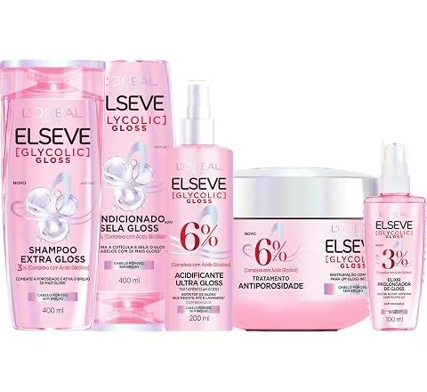 Kit Tratamento Capilar L'Oréal Paris Elseve Glycolic Gloss, Combate Porosidade, 5 Produtos para Brilho e Alinhamento