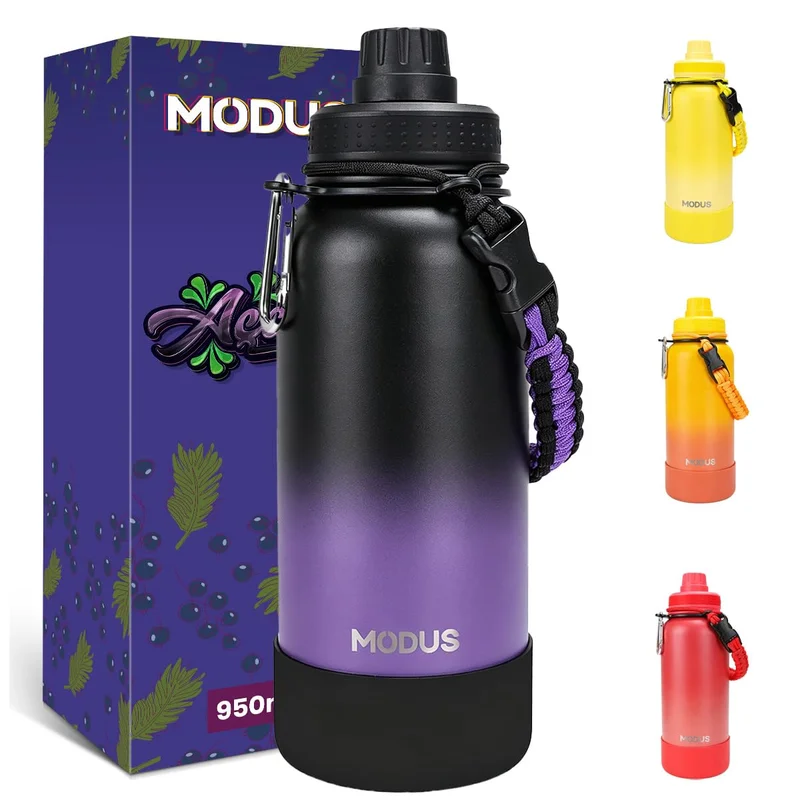 MODUS Garrafa Térmica 950ml Esportiva de Aço Inoxidável | com Isolamento a Vácuo e Base Emborrachada (Gradiente Preto Roxo)