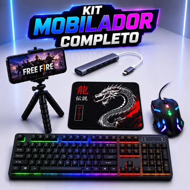 Kit Mobilador Gamer Completo Teclado RGB Mouse Gamer Mouse Pad Hub USB C Tripé Celular Free Fire