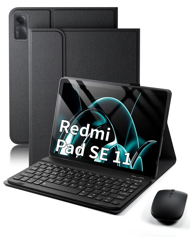 Capa com teclado para Xiaomi Redmi Pad SE 11 polegadas (2023) - Capa com suporte e teclado destacável com mouse - Preto