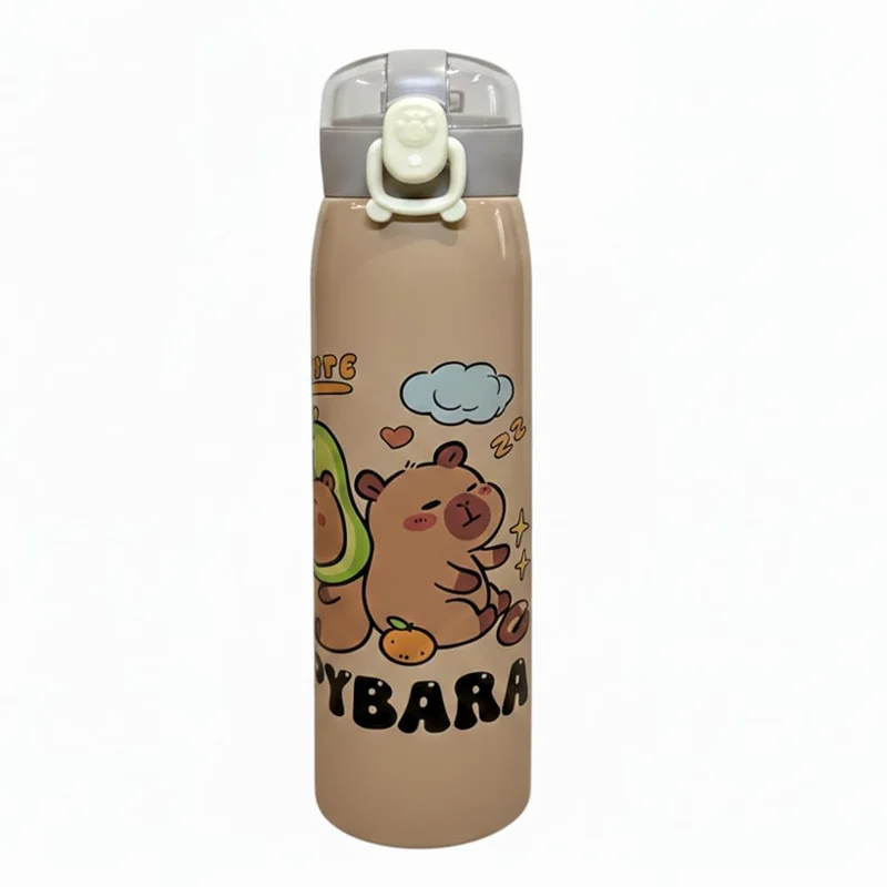 Garrafa Térmica Infantil de Aço Inox com Estampa de Capivara com Trava e Canudo de 500ml (Rosa)
