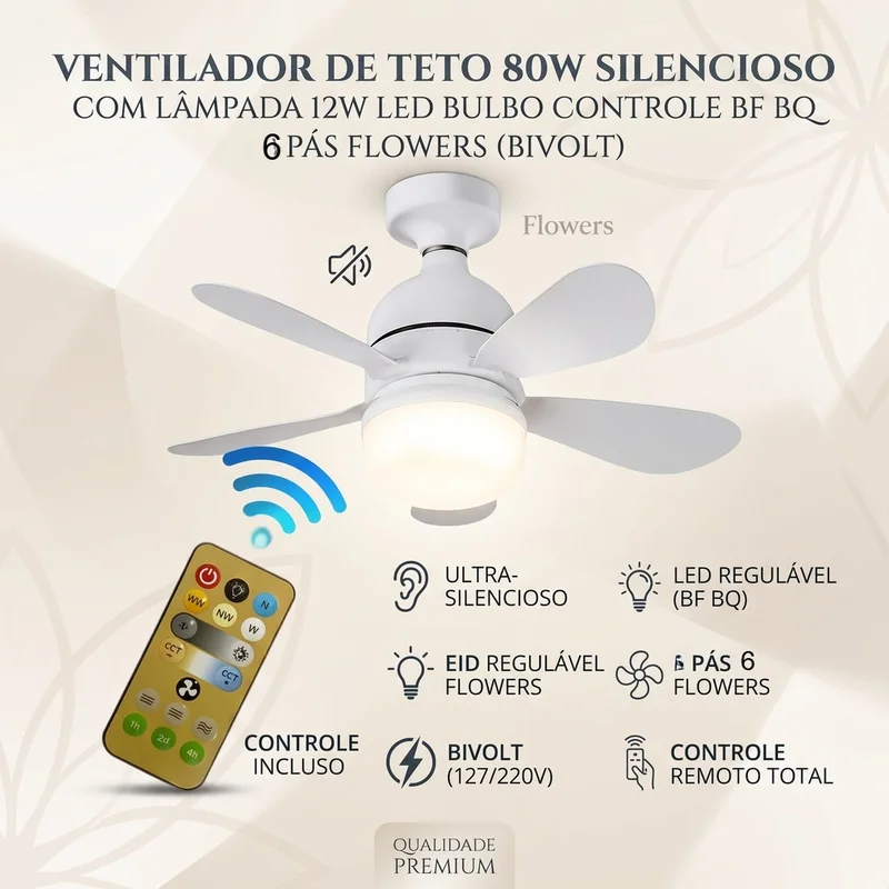 Ventilador de Teto 80w Silencioso com Lâmpada 12w Led Bulbo Controle BF BQ Bivolt 5 Pás Flowers