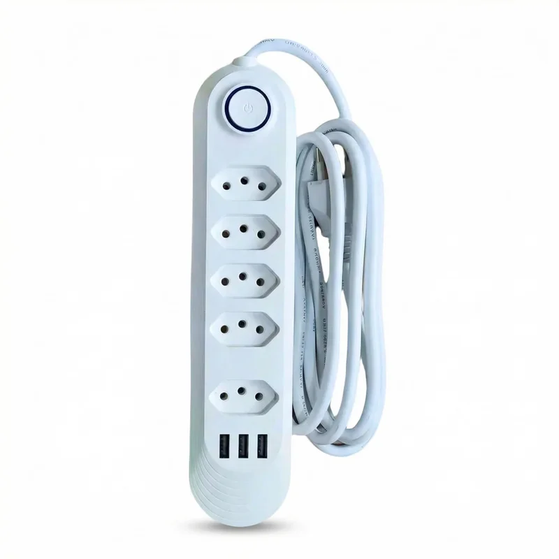 Extensão Tomada Elétrica Régua Energia Filtro de Linha 5 Tomadas 3 USB Cabo de 2 Metros Bivolt 110/220 2500W 10A Botão Liga/Desliga