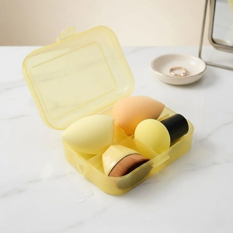 Kit Esponjas e Pincel Hexagonal para Maquiagem com ESTOJO – 1 Esponja Cogumelo/Pirulito, 1 Pincel Hexagonal, 2 Esponjas Gota – Profissional Para Base, Corretivo, Pó, Blush – Cores Sortidas (Amarelo)